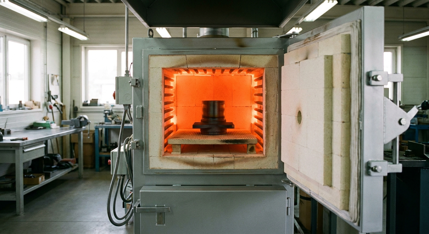 An open front-loading chamber furnace glowing orange at temperature with a steel part resting on a ceramic tray.
